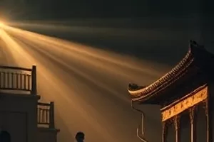 《雾港第三夜》灯塔回闪段落截图，雨雾中灯塔光束扫过海面